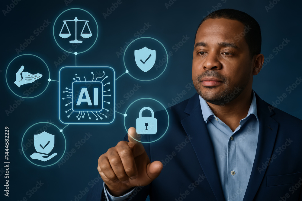 Poster man touching virtual screen with artificial intelligence protection, ethics and trust symbols. conce