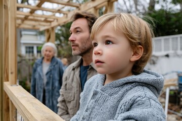 Obraz premium A thoughtful young child stands beside a construction project, observing intently, representing curiosity, learning, and the joy of engaging in creative outdoor activities.