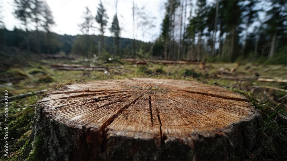 Poster Tree stump representing environmental damage and forest decline concept. Close-up of a tree stump in a serene forest landscape.