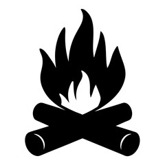 Black and white illustration of a campfire with two crossed logs and stylized flames