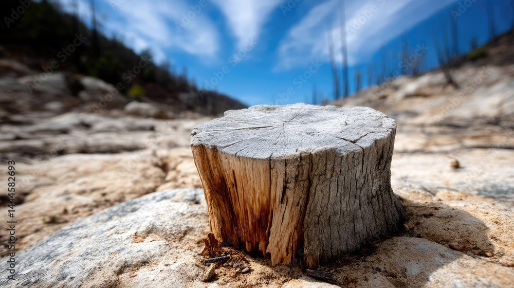 Poster tree stump representing environmental damage and forest decline concept. tree stump in a dry landsca