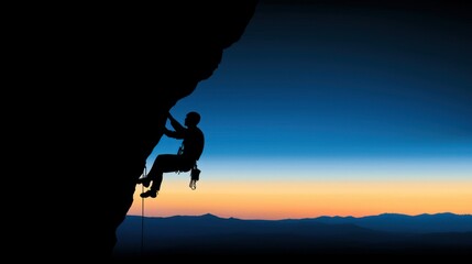 Silhouette of a person climbing a rock face during a sunset