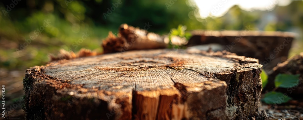 Poster Tree stump exposing illegal forest damage and biodiversity loss concept. Close-up view of a tree stump with natural background greenery.