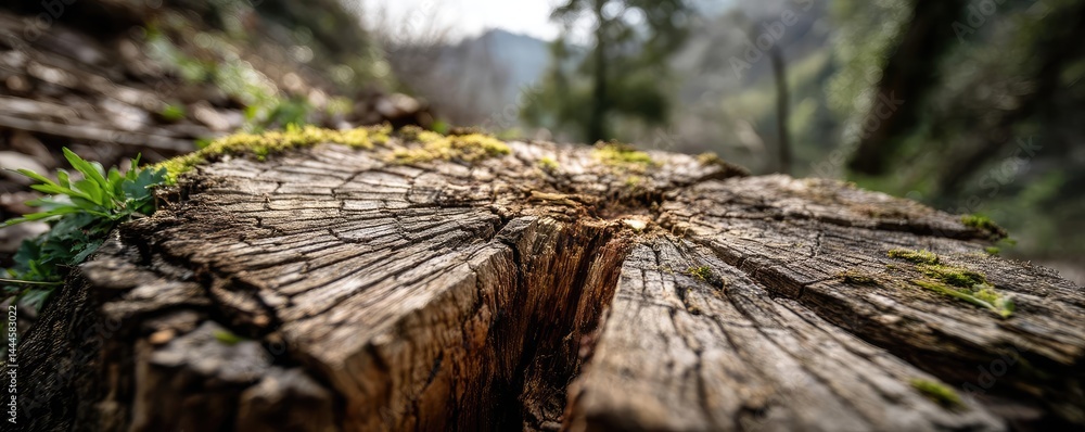 Poster Tree stump exposing illegal forest damage and biodiversity loss concept. Close-up view of a tree stump with moss and natural textures.