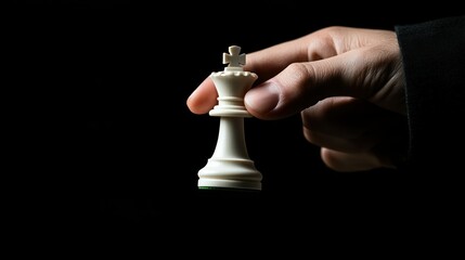 A hand holding the white king chess piece on a black background