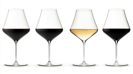 Four different glasses filled with different colored alcoholic beverages