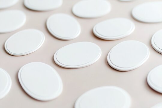 A collection of blank white oval-shaped labels arranged neatly on a soft background