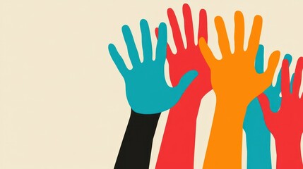 Obraz premium Colorful raised hands showing unity and a collaborative gesture