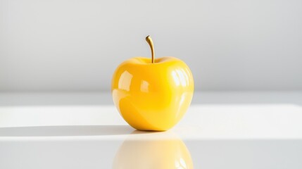 A bright yellow apple stands on a shiny reflective surface