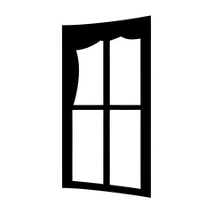 Black and white illustration of a window with curtains