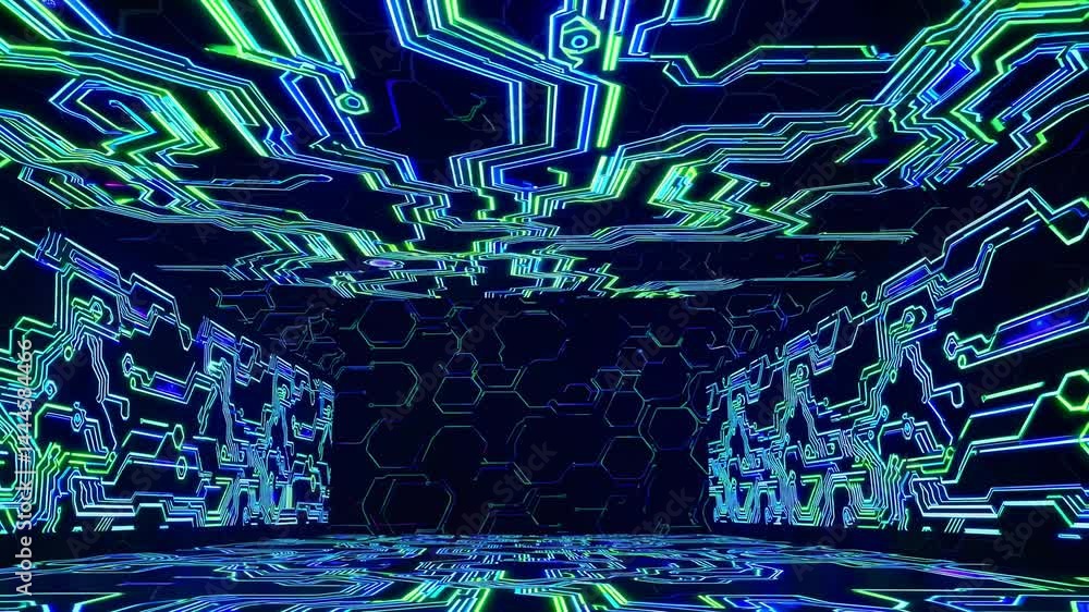 Poster futuristic video concept with neon circuit patterns on walls and floor. wide-angle view enhances imm