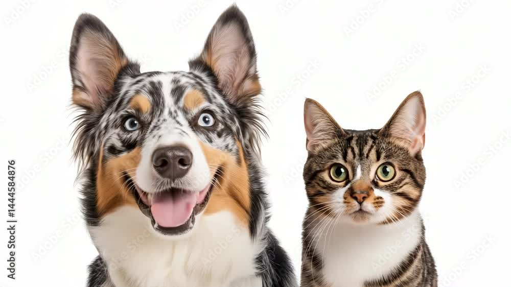Poster a dog and a cat are standing next to each other. the dog is smiling and the cat is looking at the ca