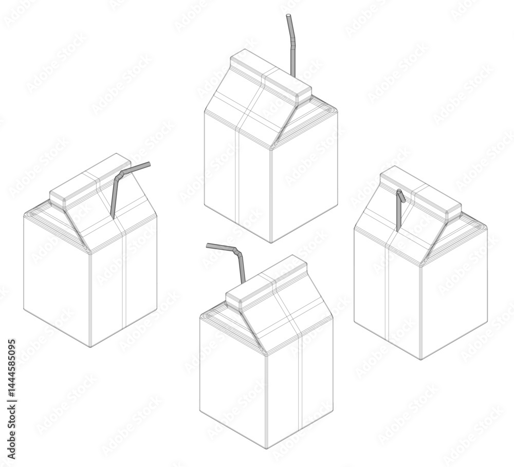 Poster four carton of milk with a straw sticking out of it. the straw is attached to the carton by a string