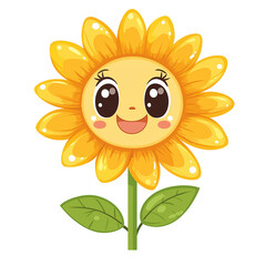 Happy cartoon sunflower with a smiling face and leaves