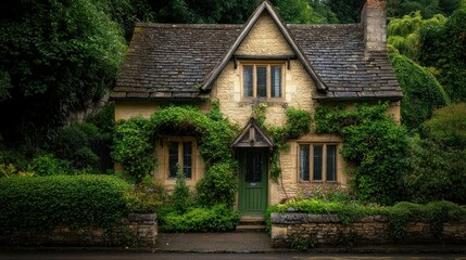 A charming cottage is surrounded by lush greenery and beautiful landscaping