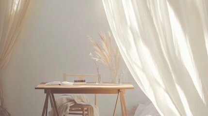 A serene, minimalist workspace bathed in natural sunlight.