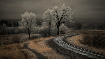 Fototapeta premium A scenic winter landscape features a winding railway track