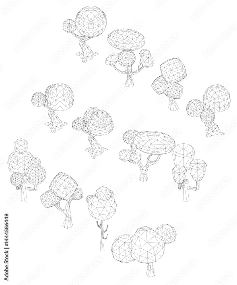 Poster a series of trees with balloons hanging from them. the balloons are scattered throughout the trees, 