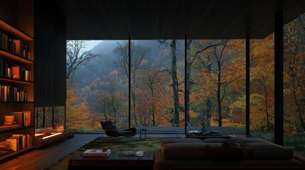 A Modern Room With A Scenic Forest View Through Large Windows