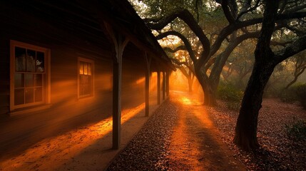 Obraz premium A Long Covered Porch Stands Alongside A Leafy Pathway