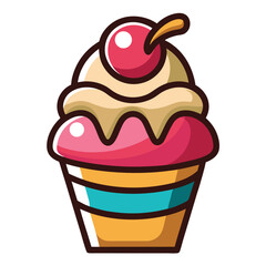Cartoon Cupcake with Cherry, colorful frosting and Bold Outlines on a White Background