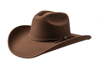 A brown felt cowboy hat with a decorative band and a small metal detail on a white background plain shot