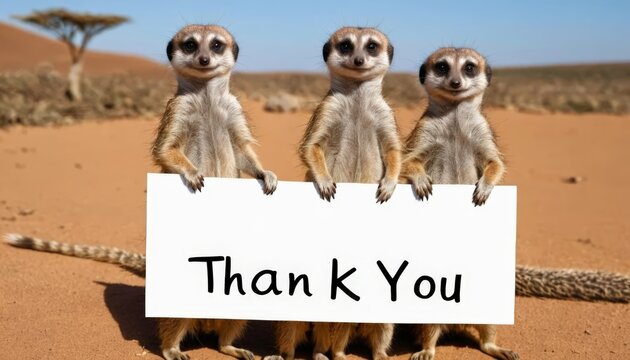 Three meerkats standing on sandy terrain, holding a handwritten "Thank You" sign, conveying gratitude in a natural, wildlife setting.