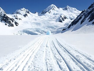 Scenic Snow Tracks Leading to Glacial Iceberg in Majestic Mountain Range