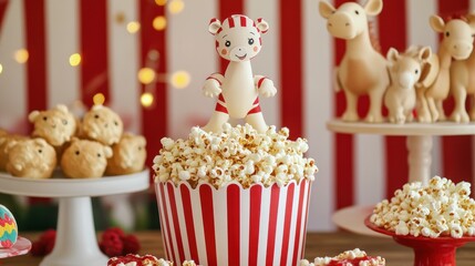 Colorful dessert table with popcorn and animal figures