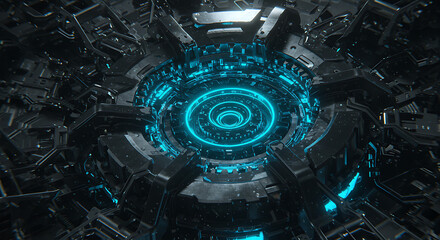 Fototapeta premium Cyberpunk Core: Glowing Teal Mechanisms in Dark Metallic Chassis
