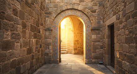 Fototapeta premium Golden Hour Light Through Ancient Stone Archway