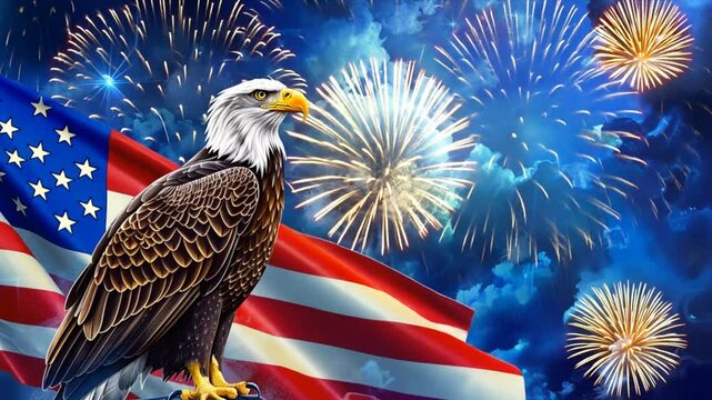 Animation Bald eagle is standing on waving american flag, with fireworks splash in the background. American patriotic theme