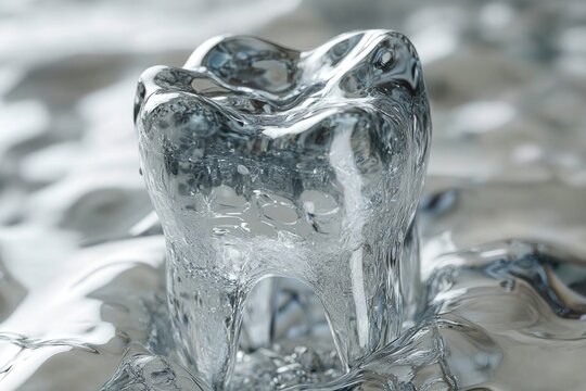 Translucent ice sculpture resembling tooth, reflecting light bea