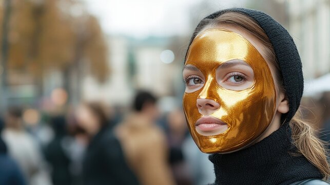 Radiant expression showcases golden facial mask, emphasizing bea
