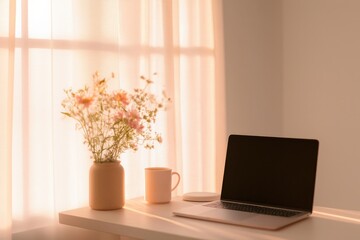 Cozy workspace with warm light, laptop, flowers, and calming atm
