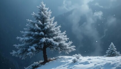 Snowy Tree on a Winter Hill with Overcast Sky