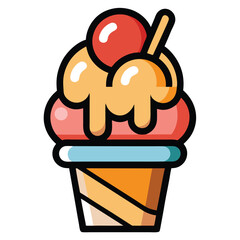Cute Cartoon Ice Cream Cone with Topping, Cherry, and Heavy Black Outline, Isolated