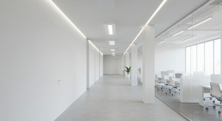 Bright and Minimalist Empty Office Corridor Leading to a Modern Workspace with Desks and Chairs, Suggesting a Clean and Organized Business Environment