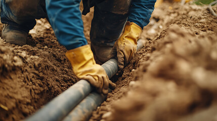 Worker Installing Underground Pipeline