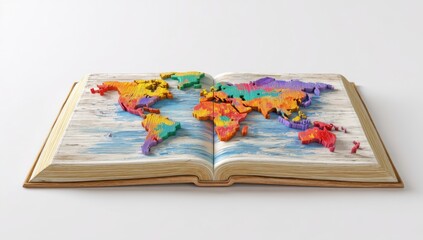 Colorful Open Book with World Map and 3D Colorful Continents