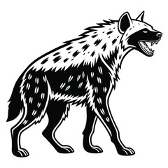 Silhouette of Hyena Walking, Black and White Isolated, Side View, Open Mouth, Aggressive