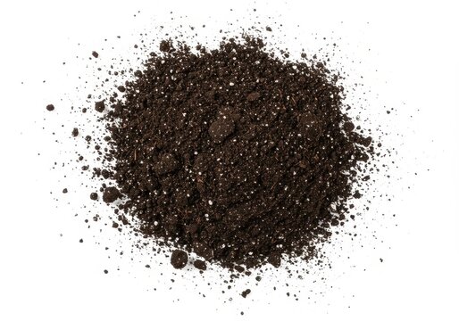 A pile of dark brown potting soil with white perlite granules scattered on a white background surface