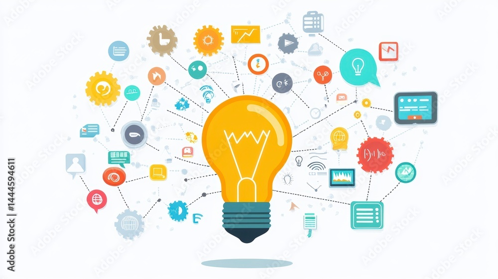 Leinwandbilder Bright lightbulb idea with interconnected network of colorful icons representing innovation, technology, and creativity.