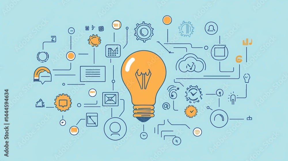 Poster Illuminated lightbulb interconnected with various network icons representing innovation, ideas, and connection.