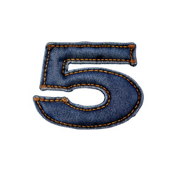 Number 5 styled like denim, with blue jean texture, orange stitching, and metal rivets. Looks soft and padded, mimicking classic jeans construction