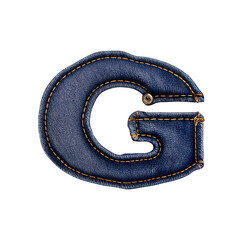 Letter G styled like denim, with blue jean texture, orange stitching, and metal rivets. Looks soft and padded, mimicking classic jeans construction