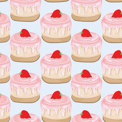 Seamless pattern for kitchen decor and more. Delicious cupcake with whipped cream and strawberry. Vector cartoon illustration of sweet food.