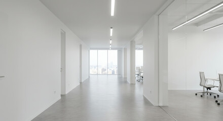 Clean Empty Office Interior with a Long, Well-Lit Passage and Visible Workstations, Representing a Blank Canvas for Business Growth and Innovation.