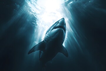 Naklejka premium A great white shark swimming upwards towards the sunlight in the deep blue ocean water depths