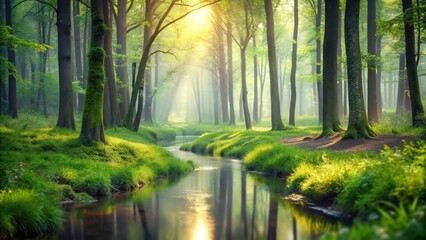 Misty forest with blurred trees in the background, a small stream runs through the center, natural green background, bokeh glare